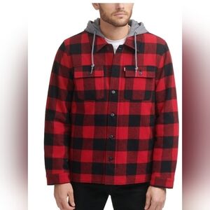 Mens Levi's Plaid Faux Shearling Lined Jersey Hood Shirt red Plaid Jacket S